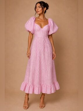 Puff-Sleeve Sweetheart Midi Dress in Blush Pink